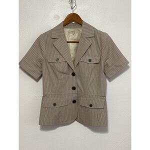 90s Y2K RW&Co Button Up Shirt 6 Tan Pin Strip Short Sleeve Academia Gossip Girl